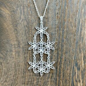 Filigree Flower Pattern Necklace .925 Sterling Silver 18'' Floral Sri‎ Lanka